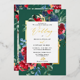 Burgundergrüne florale goldene Schriftfoto-Hochzei Folieneinladung