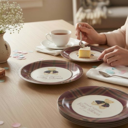Burgunderkarierte Teddybären-Feierplatten Pappteller
