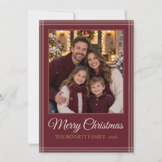 Burgunderkariertes Weihnachtsfest Familienfoto Feiertagskarte