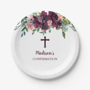 Burgunderkreuz Blumen-Aquarell Konfirmation Pappteller