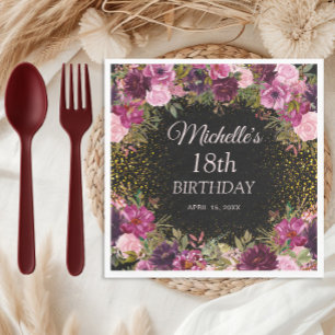 Burgunderrosa Blumen Glitter Schwarz 18. Geburtsta Serviette