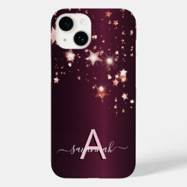 Burgunderrosé-goldene Sterne Monogramm girly chic Case-Mate iPhone 14 Hülle