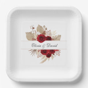 Burgunderrosen- und Pampasgras-Hochzeitspapiertell Pappteller