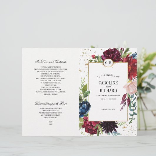 Burgunderrot | Blau | Hochzeitsprogramm für Rote F (Stehend Vorderseite)