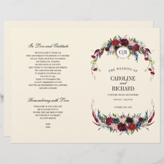 Burgunderrot | Blau | Hochzeitsprogramm für Rote F (Vorne/Hinten)