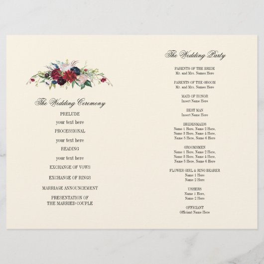 Burgunderrot | Blau | Hochzeitsprogramm für Rote F (Rückseite)