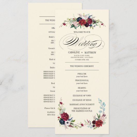 Burgunderrot | Blau | Hochzeitsprogramm für Rote F Einladung (Vorne/Hinten)