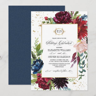 Burgunderrot   Blau  Marsala Floral Watercolor Wed Einladung