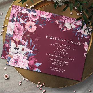Burgunderrot | Elegant Maroon Floral Geburtstagses Einladung