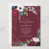 Burgunderrot | Hochzeitsfahrt mit blauem Floral Einladung (Vorderseite)