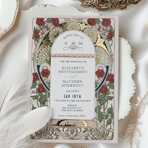 Burgunderrot Marineblau Gold Hochzeit Art Nouveau Folieneinladung