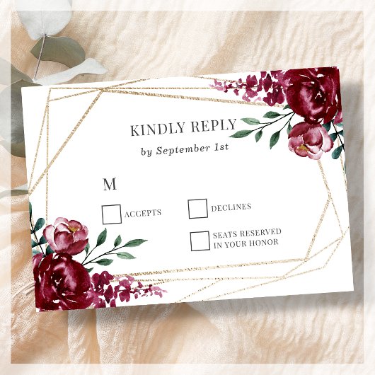 Burgunderrot | Marsala Red Floral Wedding RSVP Car Karte