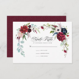 Burgunderrot | Navy Blue Floral Wedding RSVP Card Einladung
