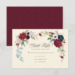Burgunderrot | Navy Blue Floral Wedding RSVP Card Einladung