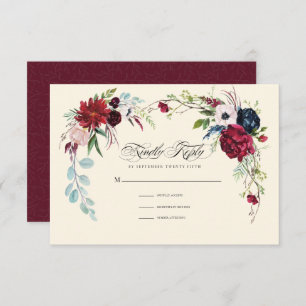 Burgunderrot Navy Blue Floral Wedding RSVP Card Einladung
