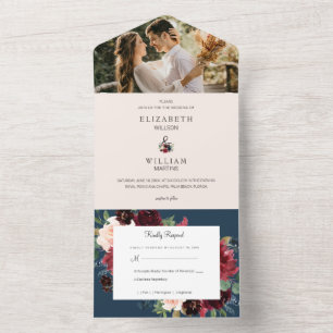 Burgunderrot Rosé Navy Blau Florale Hochzeit All In One Einladung