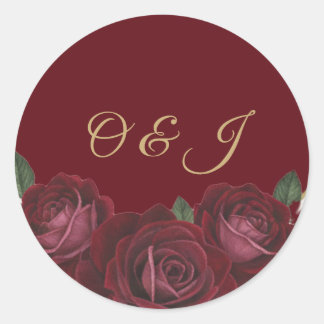 Burgunderrot Rosen Gold Schrift Monogramm Hochzeit Runder Aufkleber