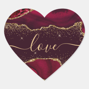 Burgunderrot und falscher Goldglitter Achat Valent Herz-Aufkleber