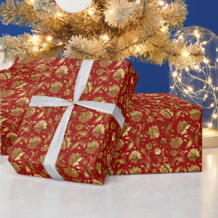 Burgunderrot und glänzendes goldenes Vintage-Blume Geschenkpapier