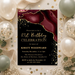 Burgunderrot und Gold Glitter Achat 21. Geburtstag Einladung