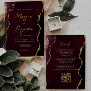 Burgunderrote Achat-Schrift-QR-Code-Hochzeit Einladung
