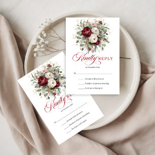 Burgunderrote Blumen Grüne Pflanzen Goldene Hochze RSVP Karte