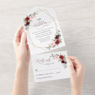 Burgunderrote Blumen, rosa Blumen, Geburtstag All In One Einladung