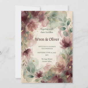 Burgunderrote Blumige Hochzeit Einladung