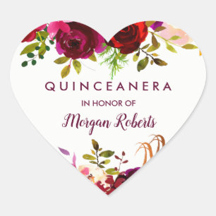 Burgunderrote Boho-Floral-Quinceanera Herz-Aufkleber