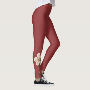 Burgunderrote cremefarbene falsche Strickblume Leggings
