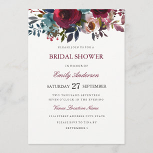 Burgunderrote Floral-Aquarell-Hochzeitsdusche Einladung