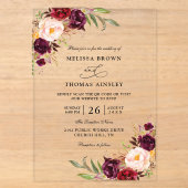Burgunderrote florale chic Budget QR-Code-Hochzeit Acryleinladungen (Vorderseite)