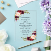 Burgunderrote florale chic Budget QR-Code-Hochzeit Acryleinladungen (In Situ (Hochzeit))