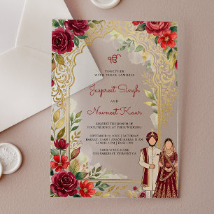 Burgunderrote florale goldene Sikh-Hochzeit Acryleinladungen