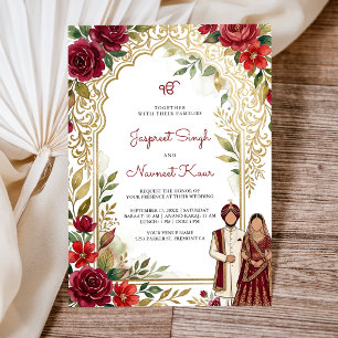 Burgunderrote florale goldene Sikh-Hochzeit Einladung