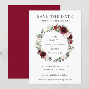 Burgunderrote Florale Hochzeit "Save the Date"-Kar Einladung