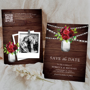 Burgunderrote Florale Holz-QR-Code-Hochzeitsfoto Save The Date