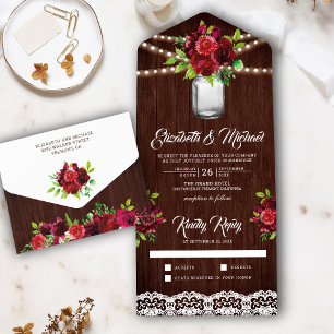 Burgunderrote florale Mason-Glas-Ruinenholz-Hochze All In One Einladung