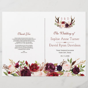 Burgunderrote Floraleihgeweih-Hochzeitsprogramm Flyer