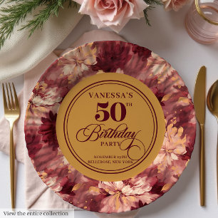 Burgunderrote goldene Rosen Frau 50. Geburtstag Pappteller