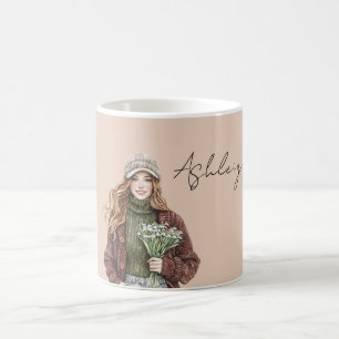 Burgunderrote Jacke Blumen weiblich Kaffeetasse