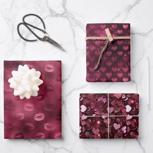 Burgunderrote Küsse Lippen Herzen Brautparty Liebe Geschenkpapier Set (Vorderseite)
