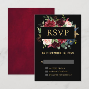 Burgunderrote Navy-Blumen Boho-Hochzeit RSVP Karte