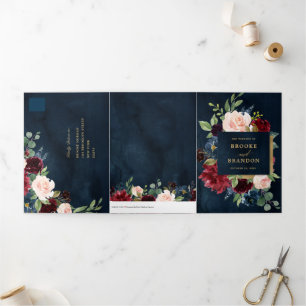 Burgunderrote Navy-Gold-Dreifaltigkeits-Hochzeitse Dreifach Gefaltete Ankündigung