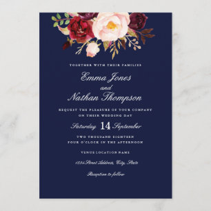 Burgunderrote Navy-Wasserfarben-Blumen-Hochzeit Einladung