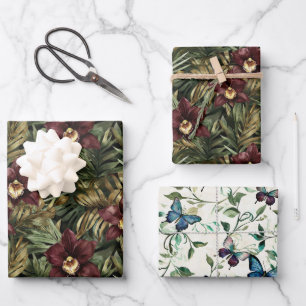 Burgunderrote Orchideen-Blumen-Schmetterling-Braut Geschenkpapier Set