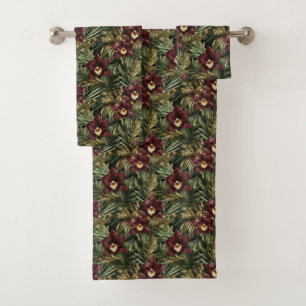 Burgunderrote Orchideen-Blumen-Tropen Badhandtuch Set