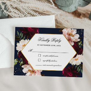 Burgunderrote Pfingstrosen-Hochzeit mit Navy-Blume RSVP Karte