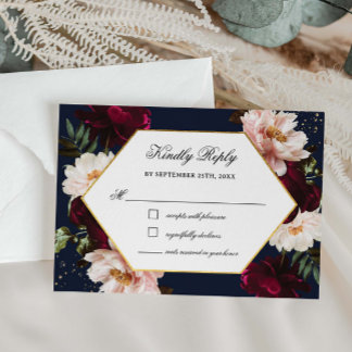 Burgunderrote Pfingstrosen-Hochzeit mit Navy-Blume RSVP Karte