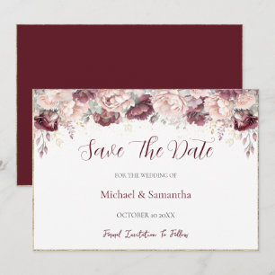 Burgunderrote Pfingstrosen- und Rosenhochzeit Save The Date